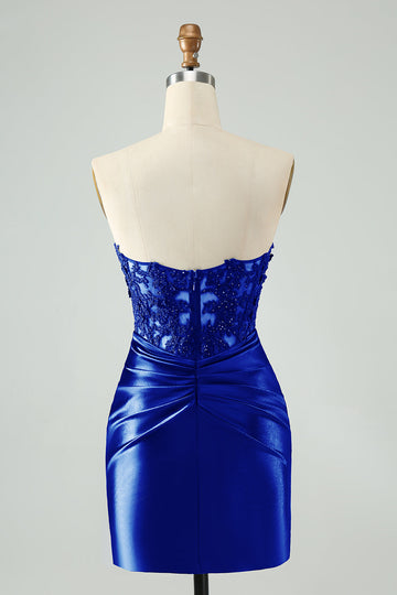 Vestido de cóctel de encaje sin tirantes azul real